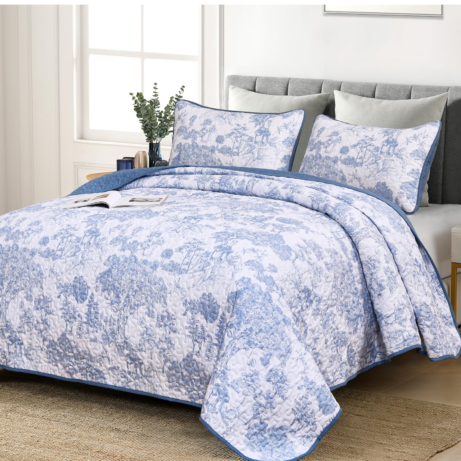 WONGS BEDDING Blue Quilt Set Queen Size, 3 Pieces Botanical Bedspreads Set Lightweight Microfiber Blue Plants Pattern Coverlet H